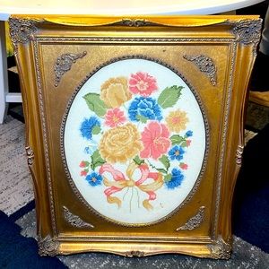 Gorgeous Hollywood Regency ornate gold gilt framed floral cross-stitch wall art